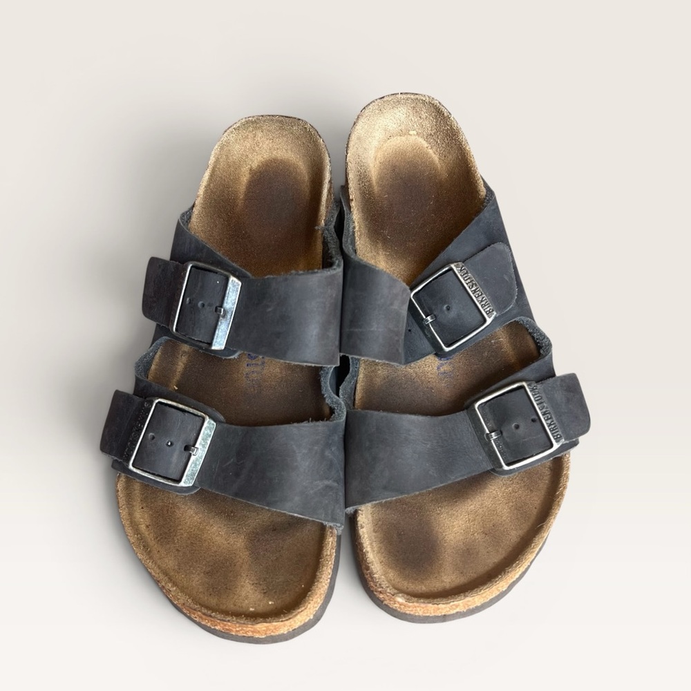 Birkenstock Arizona Black Leather Sandals Size 8 Double Strap Buckle Slides - Picture 4 of 10